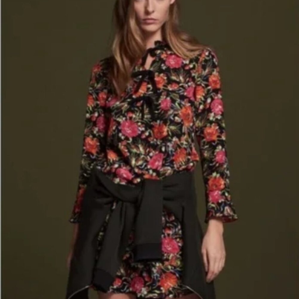 NWOT Sandro Paris Doreen Floral Silk Mini Dress with Bows in Multi XS $495